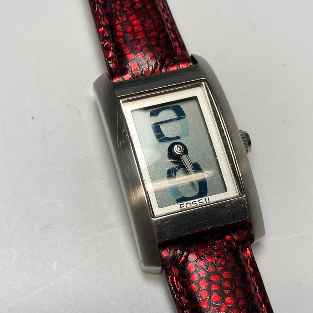 Fossil Big Tic JR-7993, red and black strap, new batteries, stainless
